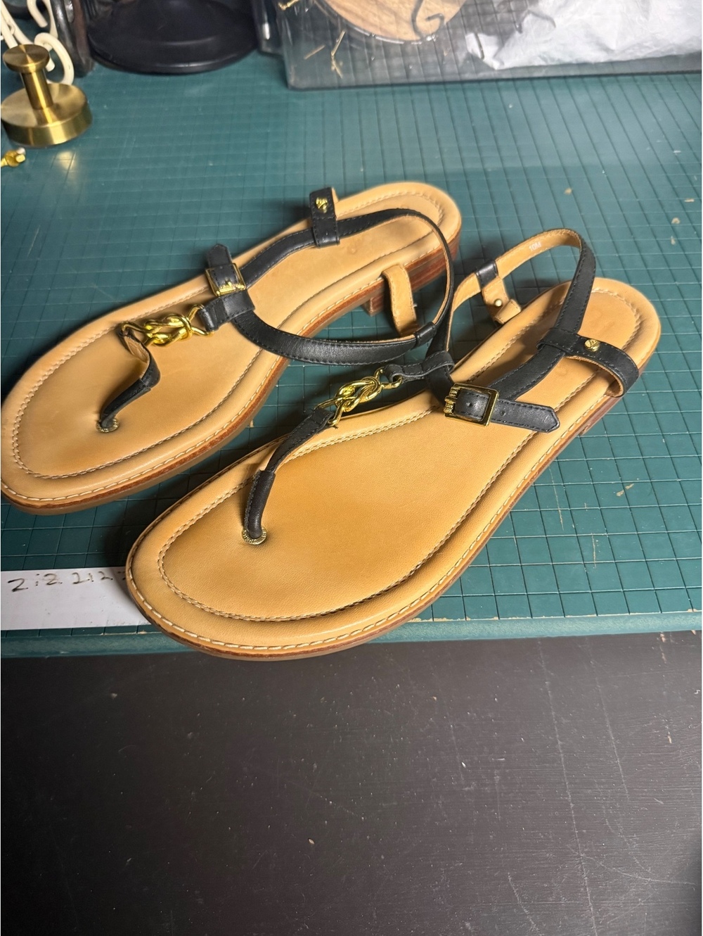 Sherry Top Sider T Bar Sandals Black Gold Chain
